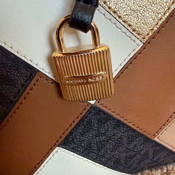Michael Kors Adele Patchwork Tote Purse Small Bag Metallic Leather + Wallet